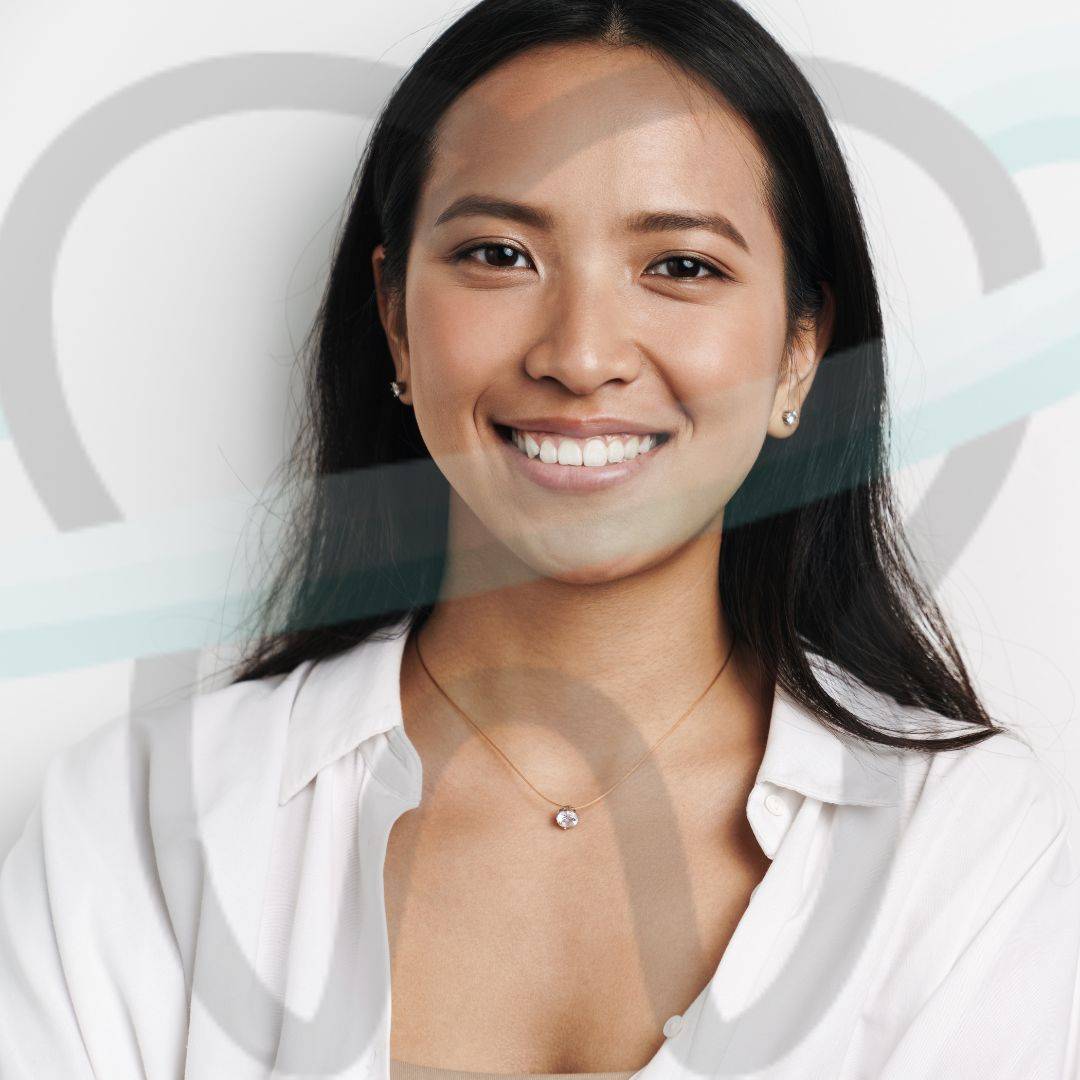 Woman smiling with Advance Dental Logo