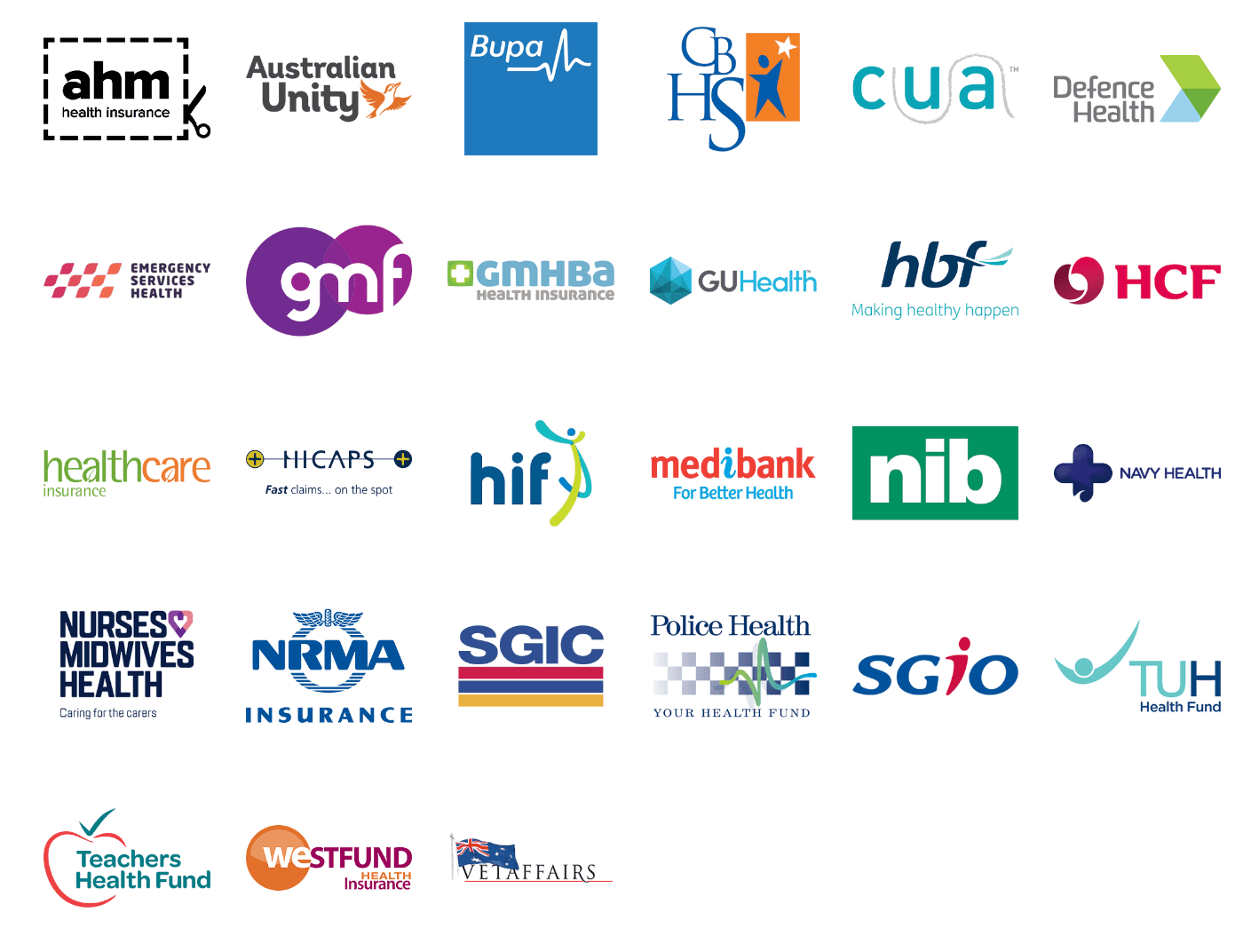 Image of all health fund providers that we can claim on the spot with our HICAPS terminal