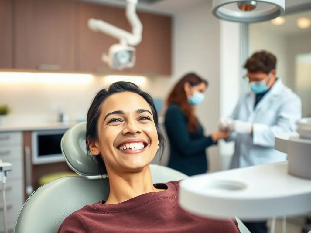 A patient smiling confidently after receiving cosmetic dental treatment, showcasing their enhanced smile. The setting is a bright and modern dental clinic.