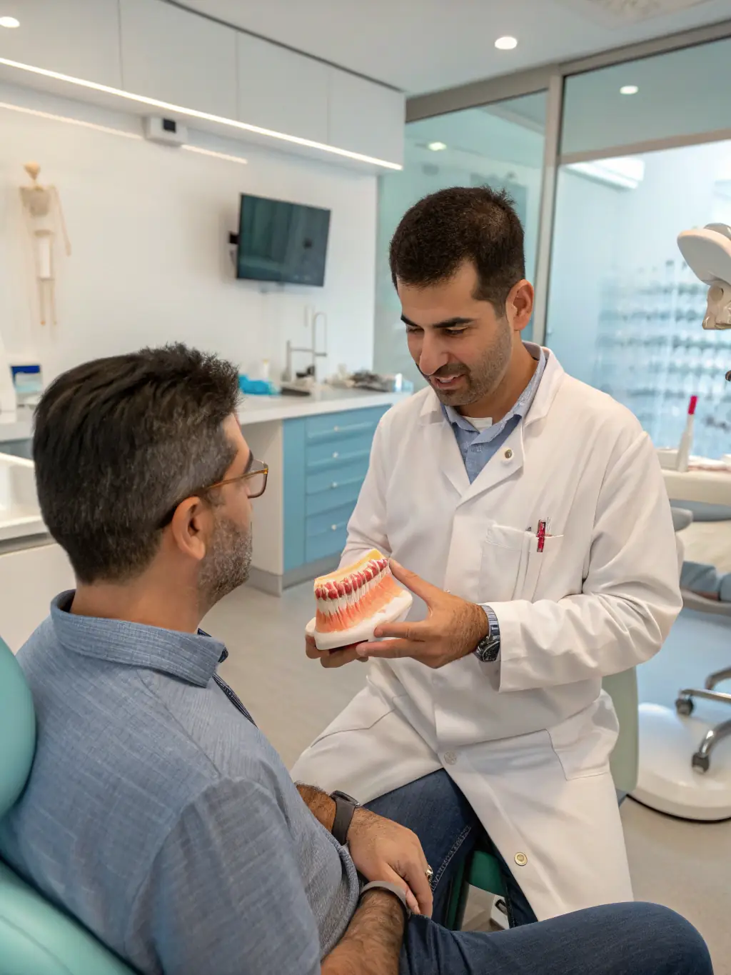 A dentist explaining the benefits of dental implants to a patient using a model, showcasing advanced restorative options.