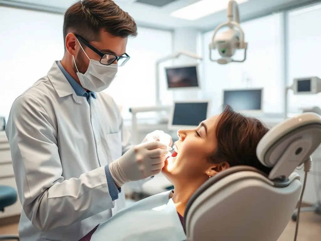 A dentist performing a routine dental check-up on a patient, using dental instruments to examine their teeth. The setting is a modern and clean dental clinic.
