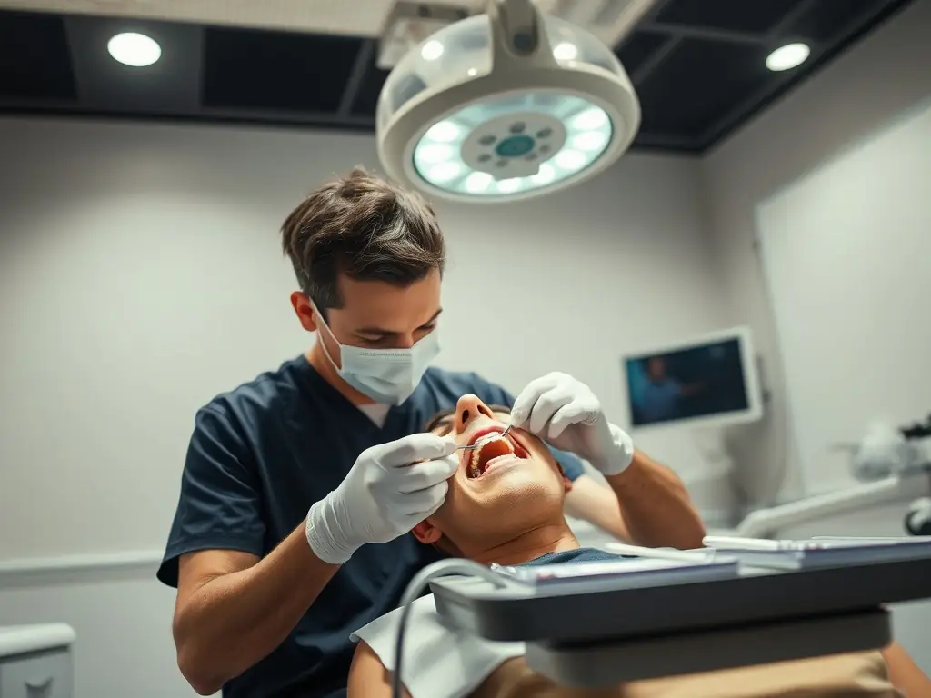 A dentist performing a filling procedure on a patient's tooth, using dental tools and materials. The setting is a well-equipped dental clinic.