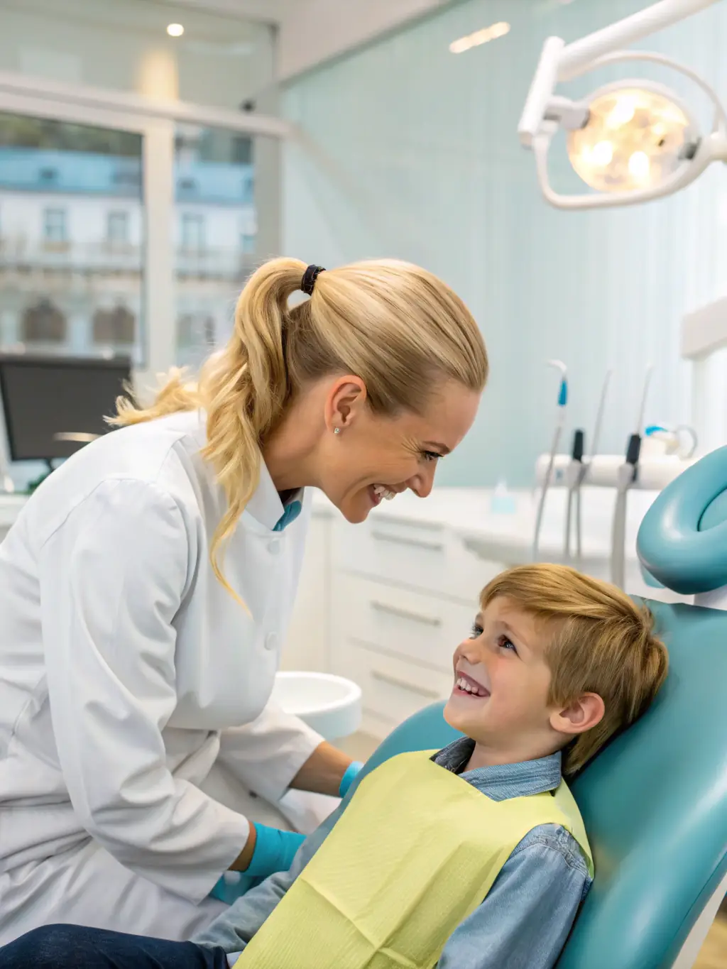 A dentist demonstrating proper brushing technique to a young patient, emphasizing the importance of preventative dental care for children.